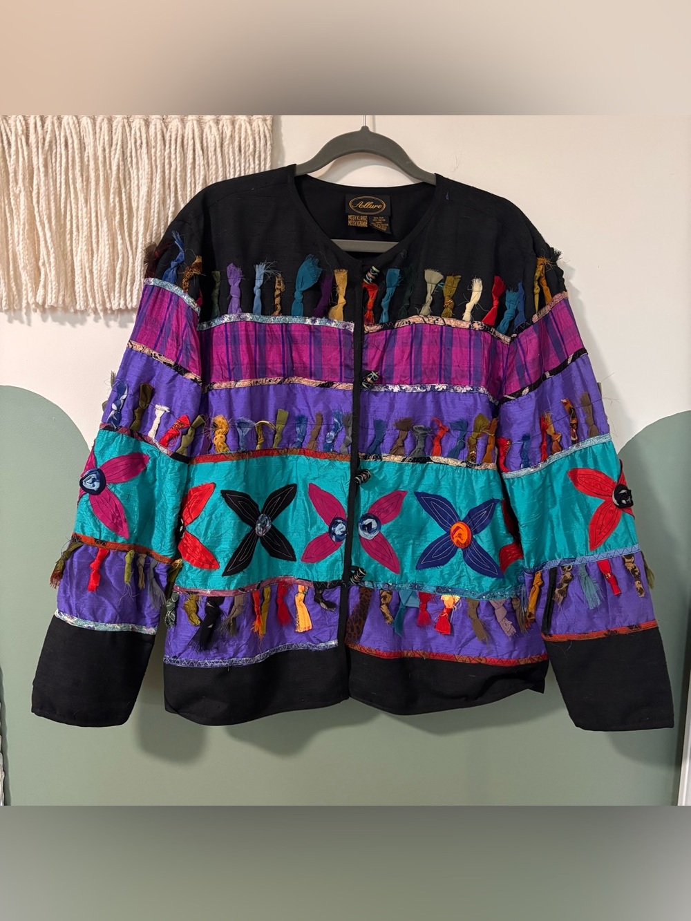 Vintage Silk Multicolor Embroidered Boho Bomber Jacket